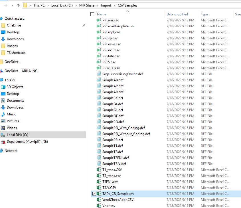 TADS Sample CSV files